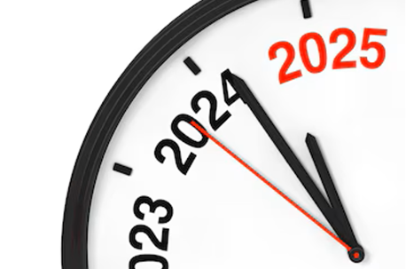 Clock hands moving towards 2025, numbers on clock are years