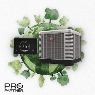 Air conditioner and smart thermostat in front of earth with green and trees
