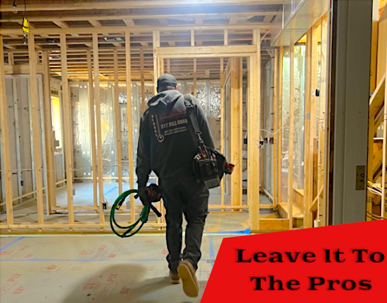 Kearns Mechanical technician walking through new construction project; Leave It To The Pros caption in bottom right corner