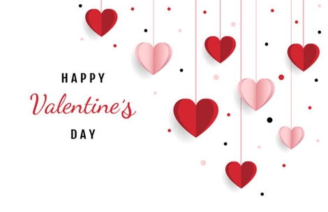 Happy Valentine's Day graphic with hearts hanging from the ceiling