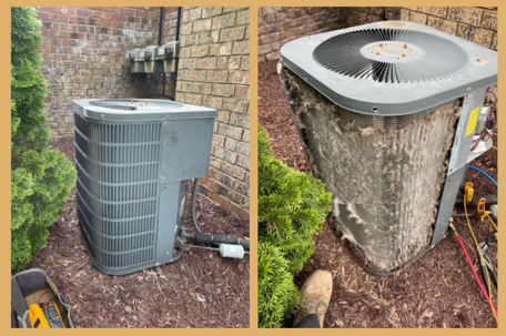 On left, outside of air conditioner looking clean; on right, casing pulled off air conditioner with cottonwoods covering the inside