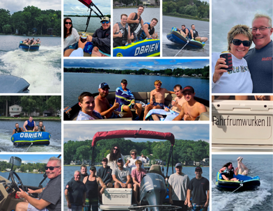 Photo collage of the Kearns Mechanical team tubing, relaxing on a pontoon, and the name of the boat "Fahrfrumwerken