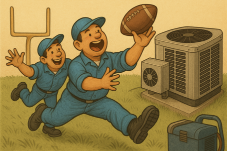 Cartoon photo of two HVAC technicians playing football on a field with an air conditioner in the background