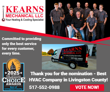 Graphic of Kearns Mechanical; "Thank you for the nomination - Best HVAC Company in Livingston County!"