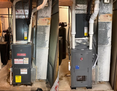 Photo of a before and after showing the before as an older furnace and the after as a new furnace