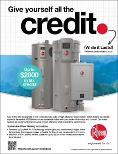 Rheem Water Heater advertisement for current tax credits