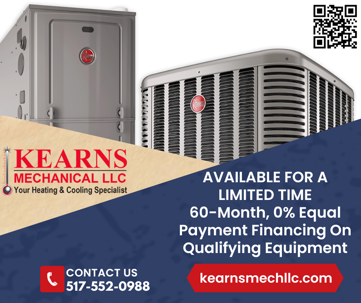 Graphic with a furnace and AC offering a limited time 60-month, 0% equal payment financing on qualifying equipment