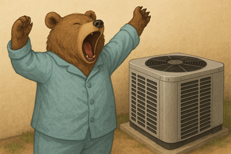 Bear in pajamas coming out of hibernation with an air conditioner behind him