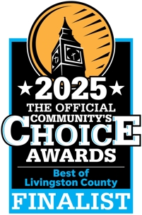 A plaque with wording stating "2025 The Official Community's Choice Awards Best of Livingston County Finalist"