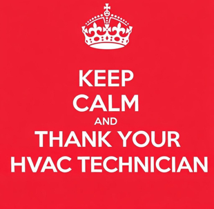 Red page with text that reads "Keep calm and thank your HVAC technician"