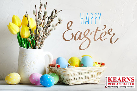 Photo of flowers in a vase and eggs in a basket with a happy easter message
